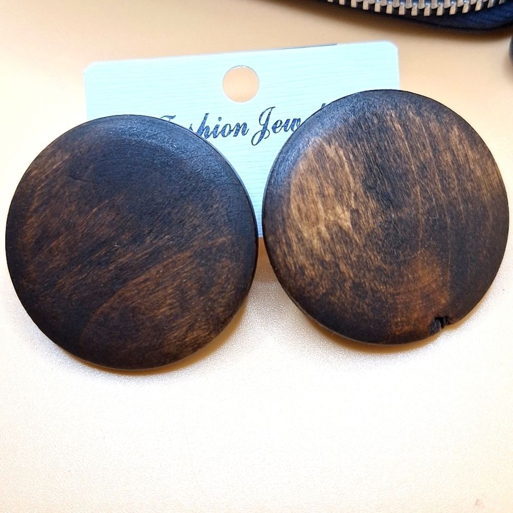 Dark Brown Round wood circle earrings statement jewelry